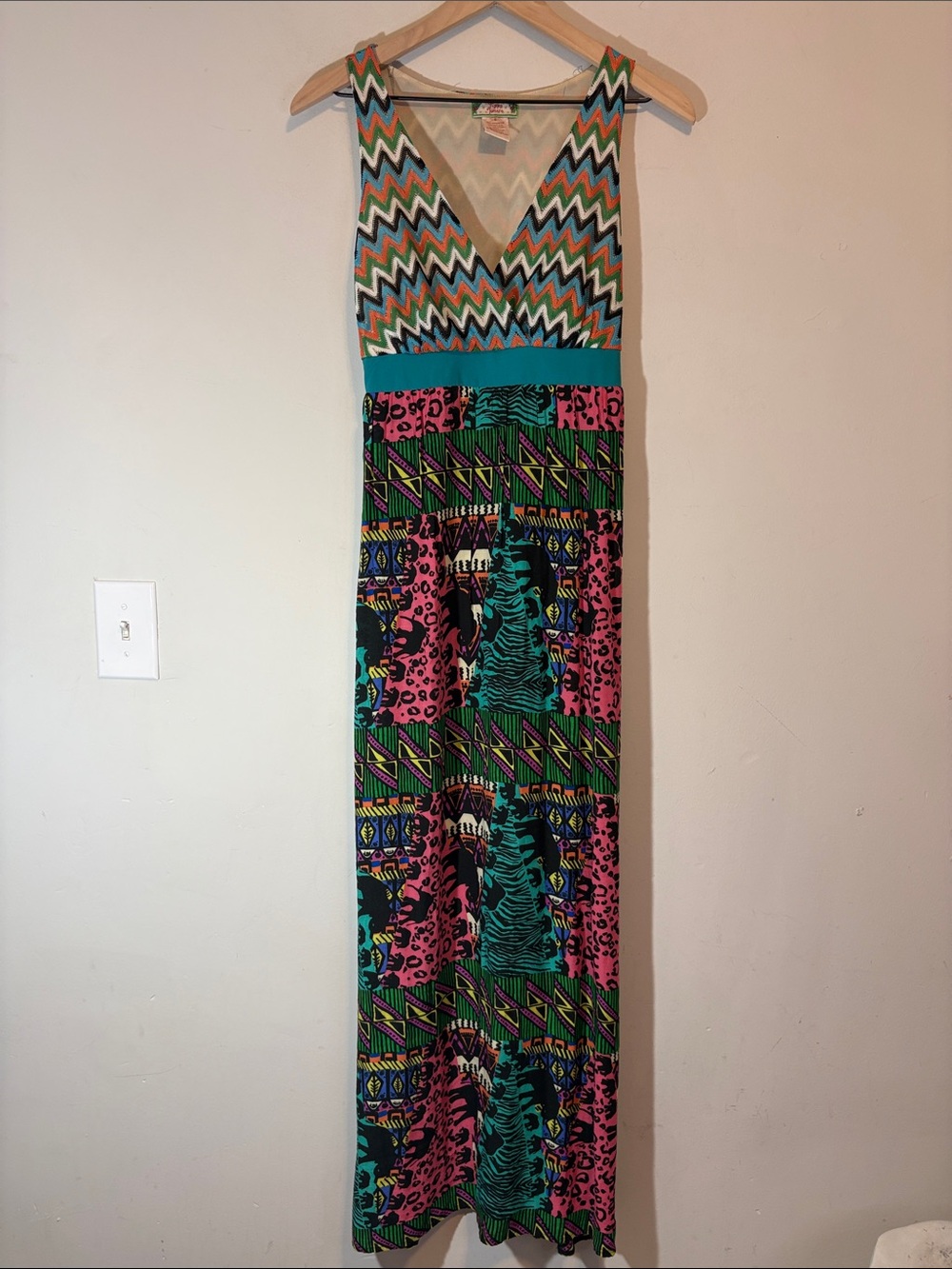 True Y2K Flying Tomato Funky Multicolor Chevron Deep V Neck Patchwork Maxi Dress